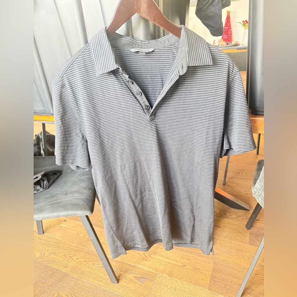 John Varvatos Black and Gray Striped Polo Shirt